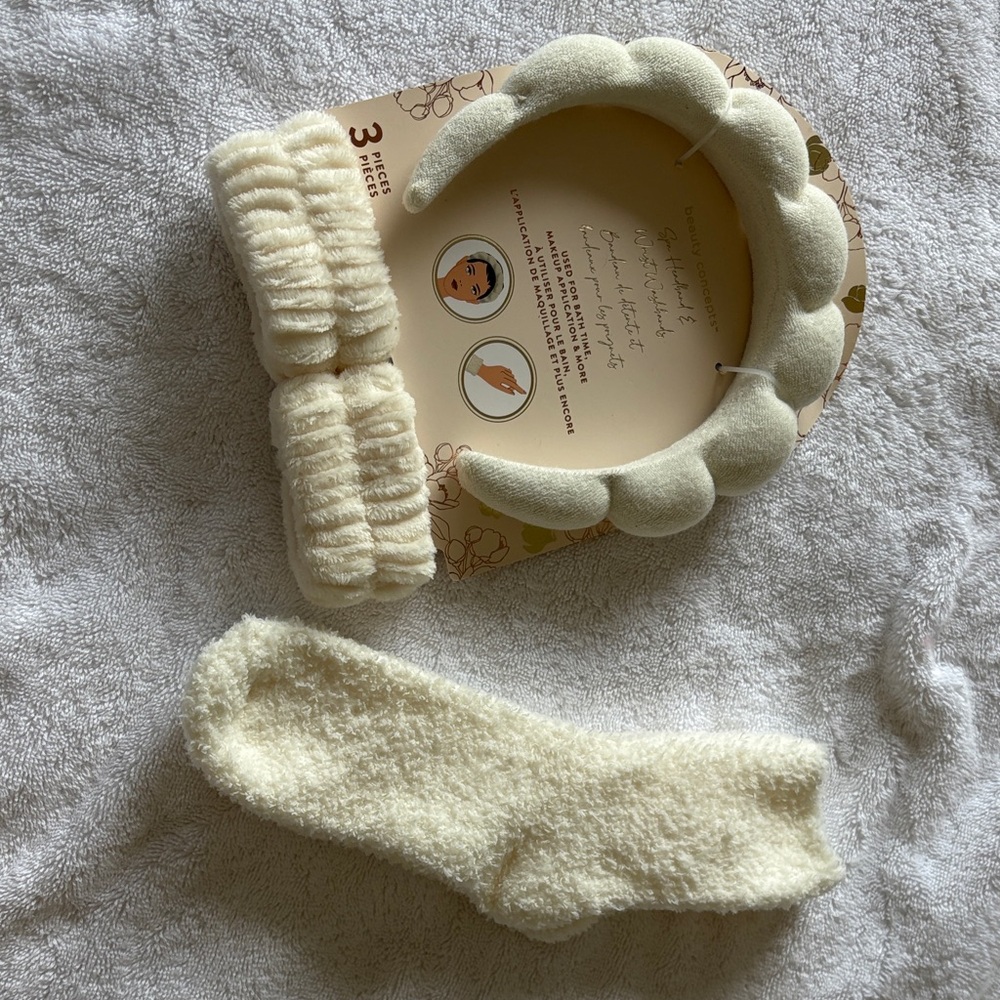 Plush Cream 3-Piece Spa Headband & Hair Wrap Set
